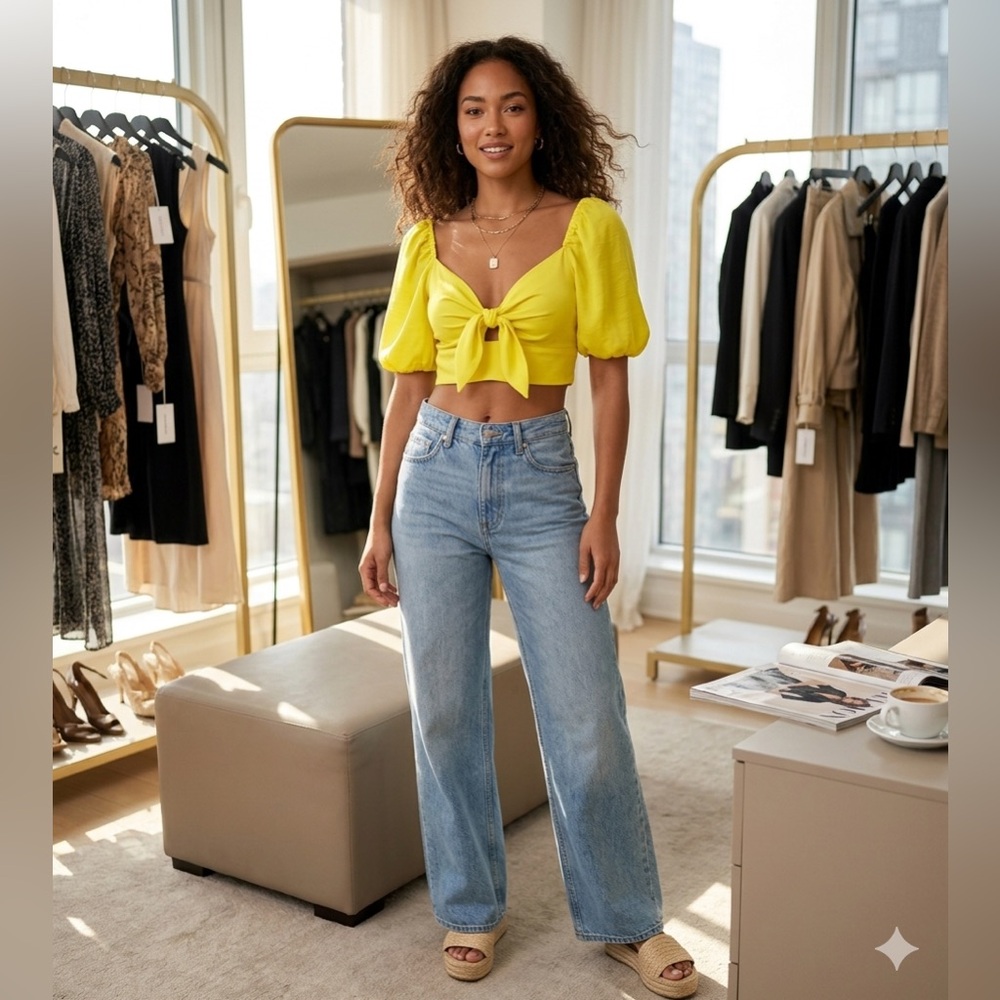 Forever 21 Yellow Sweetheart Puff Sleeve Plunging Tie-Front Crop Top Size Medium